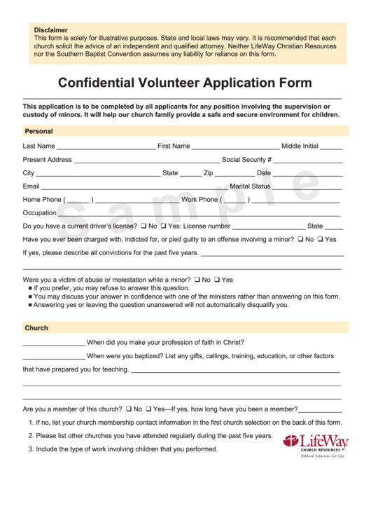 Confidential Volunteer Application Form Sample Printable pdf