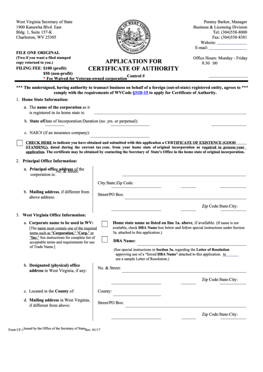 Fillable Form Cf-1 - Application For Certificate Of Authority - 2017 Printable pdf