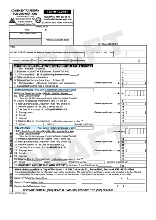 Form C-2013 Draft - Combined Tax Return For Corporations - 2013 Printable pdf