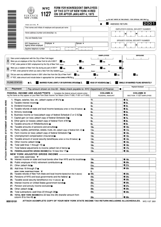 Form Nyc-1127 - Form For Nonresident Employees Of The City Of New York - 2001 Printable pdf