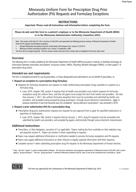 Fillable Form V. C-1.0 - Minnesota Uniform Form For Prescription Drug Prior Authorization (Pa) Requests And Formulary Exceptions - 2010 Printable pdf