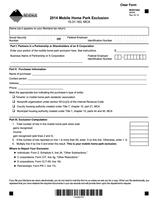 Fillable Montana Form Mhpe - Mobile Home Park Exclusion - 2014 Printable pdf