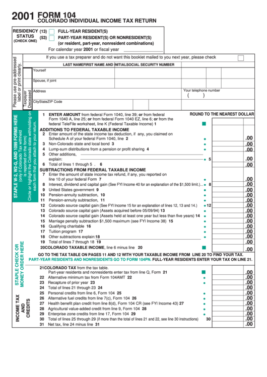 Form 104 - Colorado Individual Income Tax Return - 2001 Printable pdf