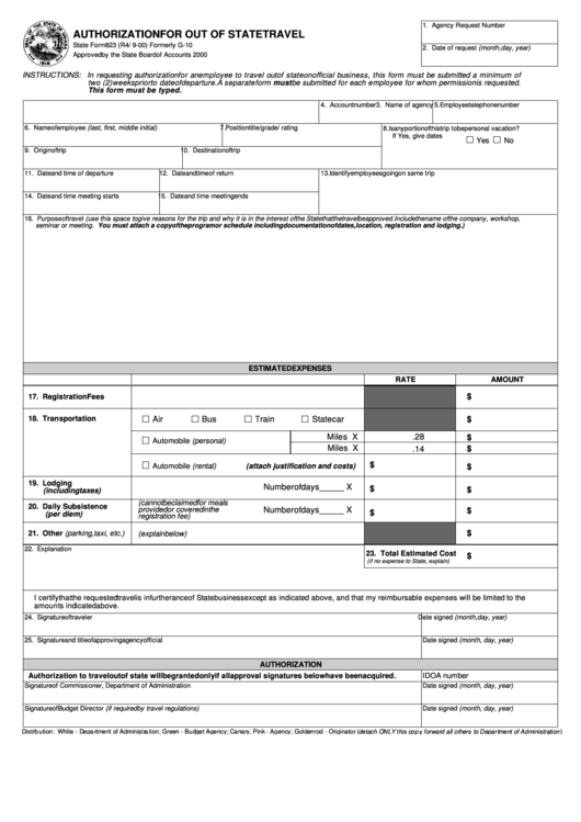Fillable State Form 823 - Authorization For Out Of State Travel Printable pdf