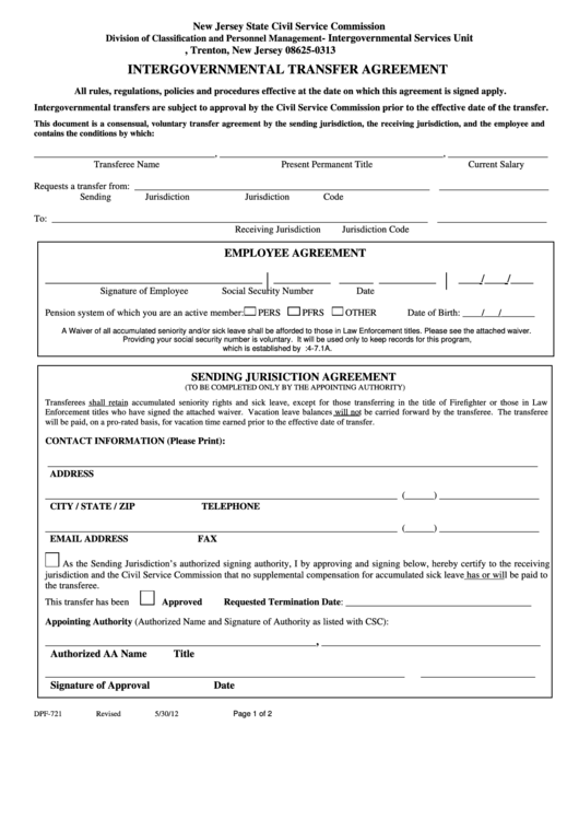 Form Dpf-721 - Intergovernmental Transfer Agreement - New Jersey State Civil Service Commission Printable pdf