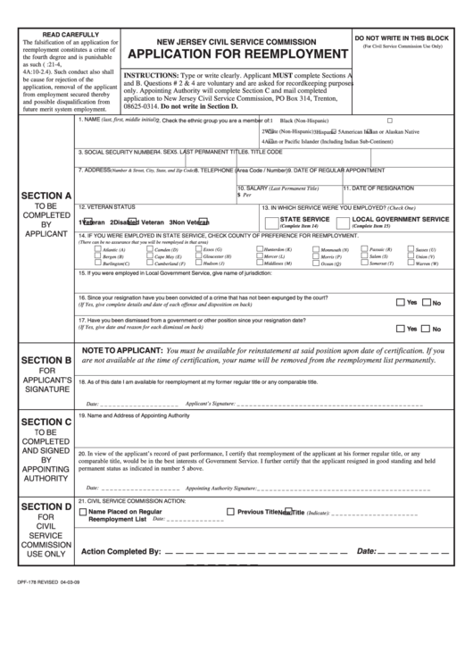 Fillable Form Dpf-178 - Application For Reemployment - New Jersey Civil Service Commission Printable pdf