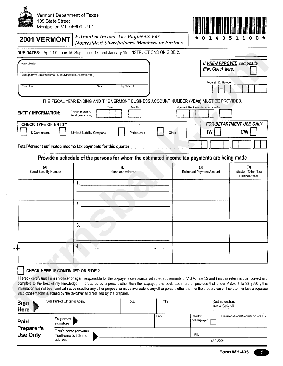 Form Wh-435 - Estimated Income Tax Payments For Nonresident Shareholders, Members Or Partners - 2001
