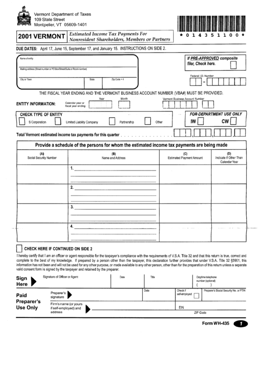 Form Wh-435 - Estimated Income Tax Payments For Nonresident Shareholders, Members Or Partners - 2001 Printable pdf