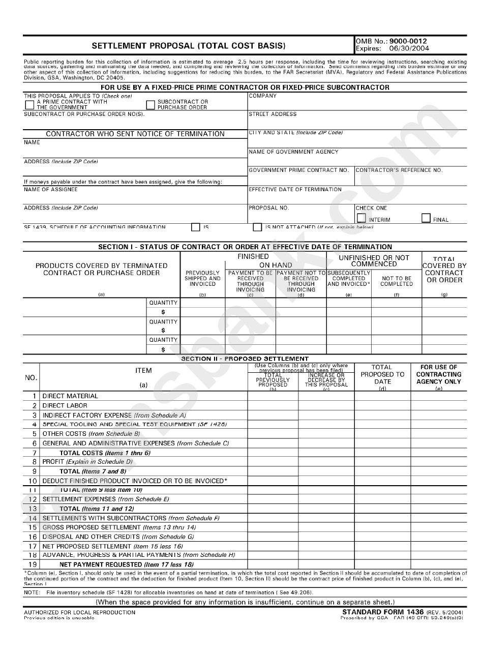 Standard Form 1436 - Settlement Proposal (Total Cost Basis)