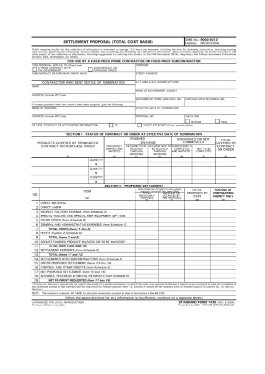 Standard Form 1436 - Settlement Proposal (Total Cost Basis) Printable pdf