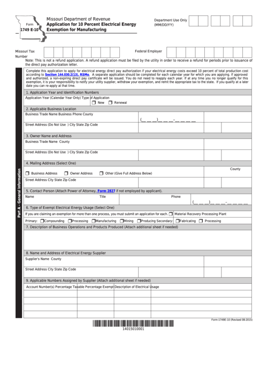 Fillable Form 1749 E-10 - Application For 10 Percent Electrical Energy Exemption For Manufacturing - 2015 Printable pdf