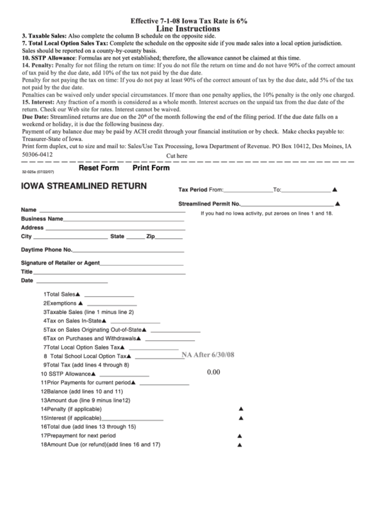 Fillable Form 32-025a - Iowa Streamlined Return - 2007 Printable pdf