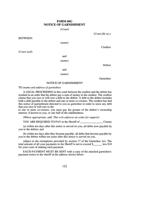 Form 60g - Notice Of Garnishment Printable pdf