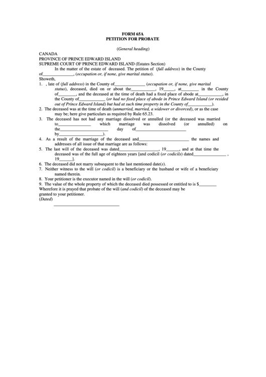 Form 65a - Petition For Probate Printable pdf