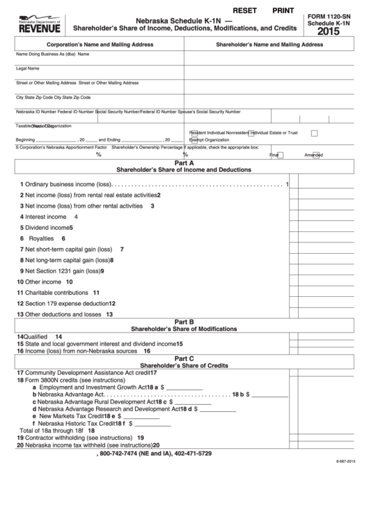 Fillable Form 1120-Sn - Nebraska Schedule K-1n - Shareholder