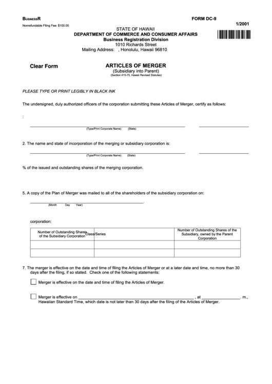 Fillable Form Dc-9 - Articles Of Merger - 2001 Printable pdf