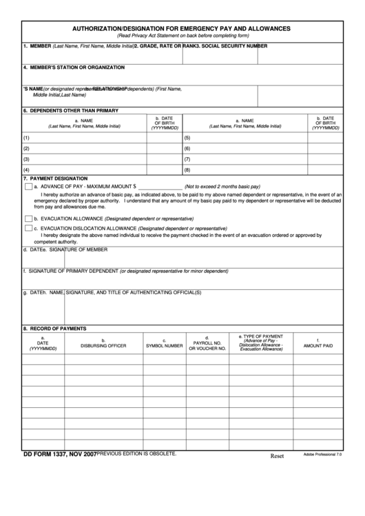 Fillable Dd Form 1337 - Authorization/designation For Emergency Pay And Allowance Printable pdf