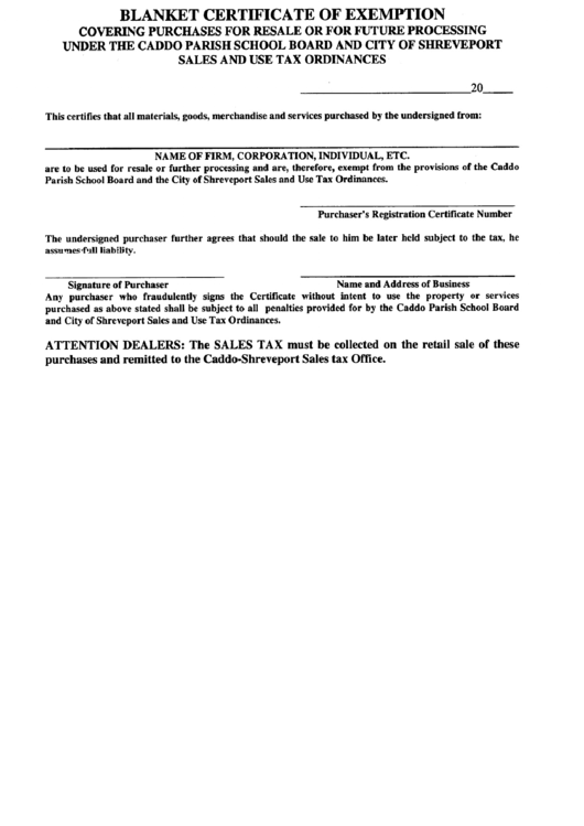 Blanket Certificate Of Exemption - Caddo-Shreveport Sales Tax Office Printable pdf