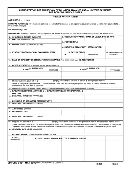 Fillable Dd Form 2461 - Authorization For Emergency Evacuation Advance And Allotment Payments For Dod Civilian Employees Printable pdf