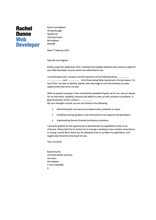 Web Developer Cover Letter Sample - Dayjob - 2013 Printable pdf