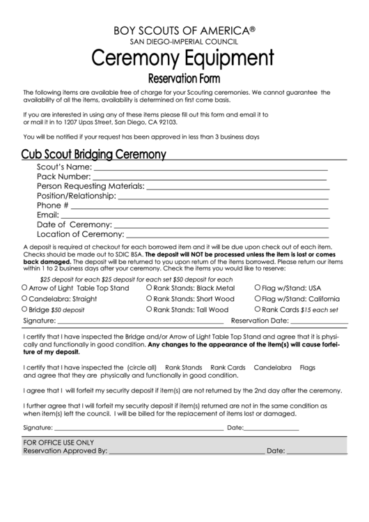 Ceremony Equipment Reservation Form - Cub Scout Bridging Ceremony - Boy Scouts Of America, San Diego-Imperial Council Printable pdf