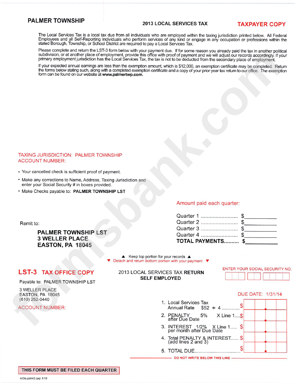 Form Lst-3 - 2013 Local Services Tax - Palmer Township Lst