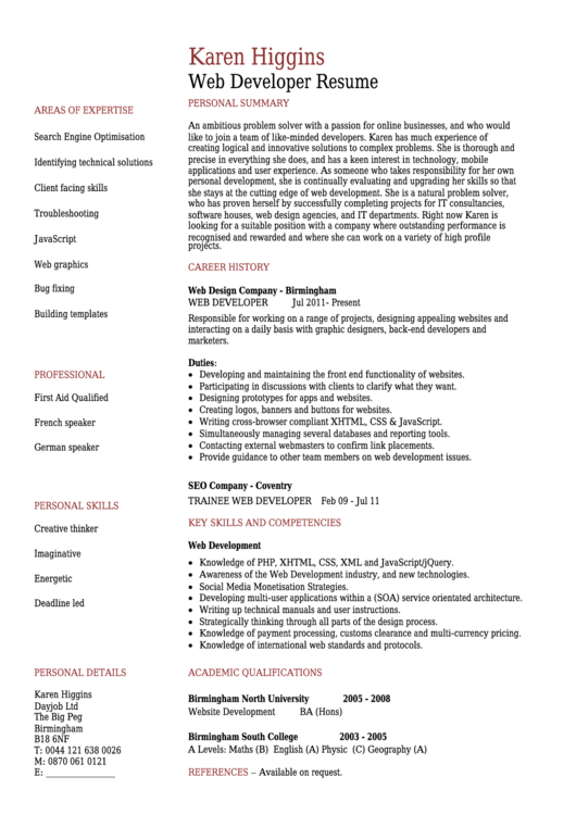 Web Developer Resume Template Printable pdf