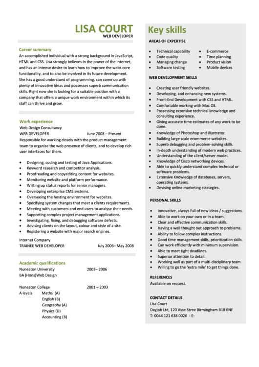 Web Developer Resume Template Printable pdf
