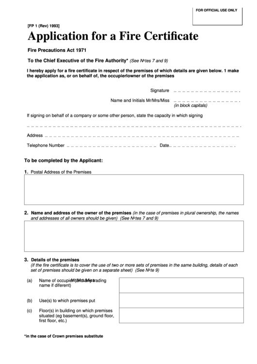 Form Fp 1 - Application For A Fire Certificate Printable pdf