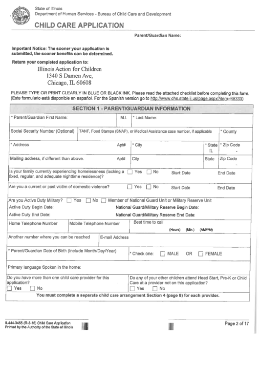 Form Il444-3455 - Child Care Application - Department Of Human Services - Bureau Of Child Care And Development Printable pdf