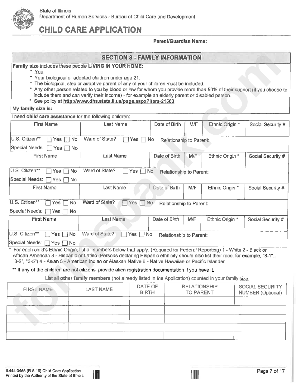 Form Il444-3455 - Child Care Application - Department Of Human Services - Bureau Of Child Care And Development