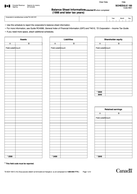 Fillable Schedule 100 - Balance Sheet Information (1998 And Later Tax Years) Printable pdf