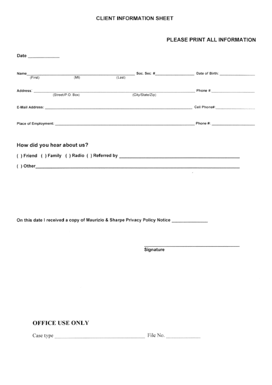 Client Information Sheet Printable pdf