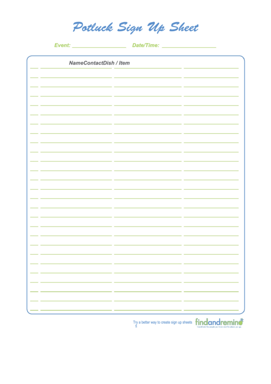 Potluck Sign Up Sheet Printable pdf