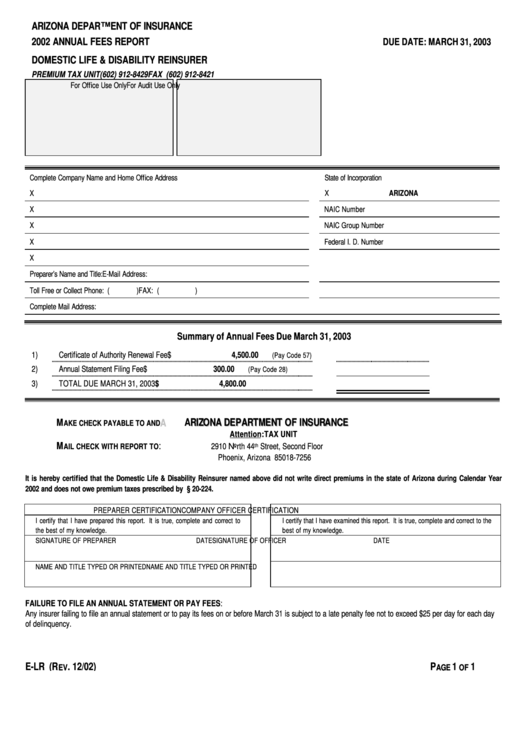 Form E-Lr - Annual Fees Report Domestic Life & Disability Reinsurer - 2002 Printable pdf
