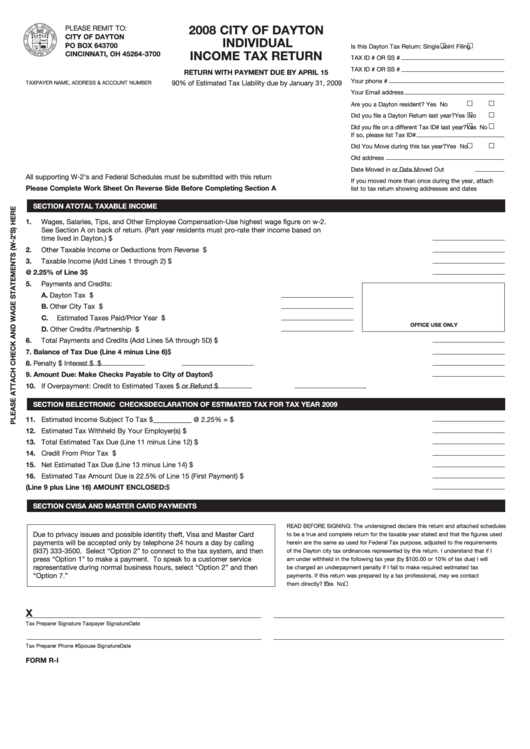 Form R-I - Individual Income Tax Return - City Of Dayton - 2008 Printable pdf