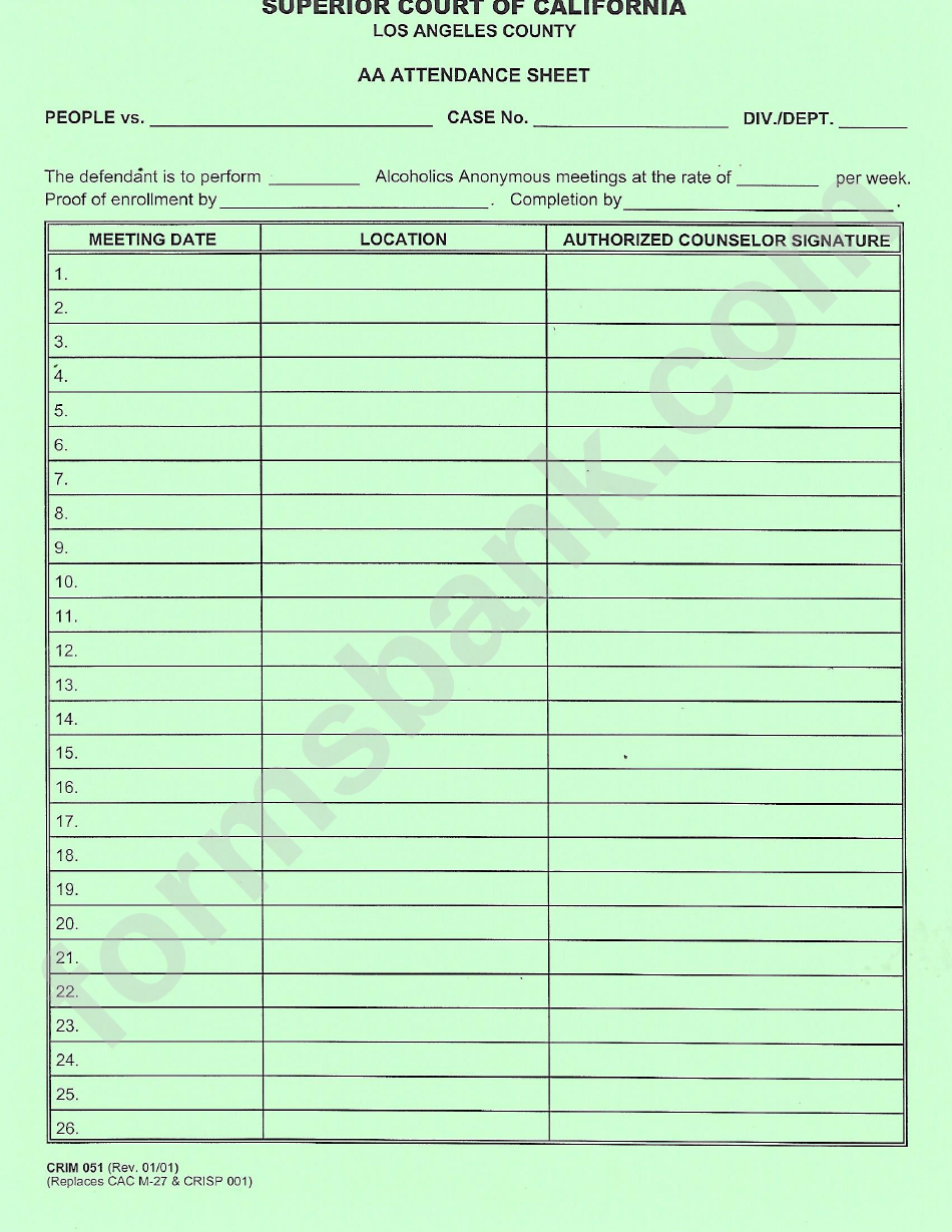 Form Crim 051 Aa Attendance Sheet Superior Court Of California 