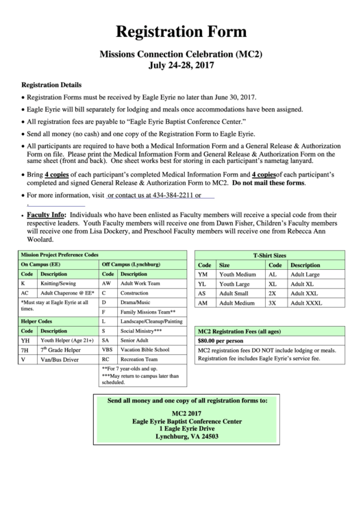 Registration Form - Missions Connection Celebration (Mc2) Printable pdf