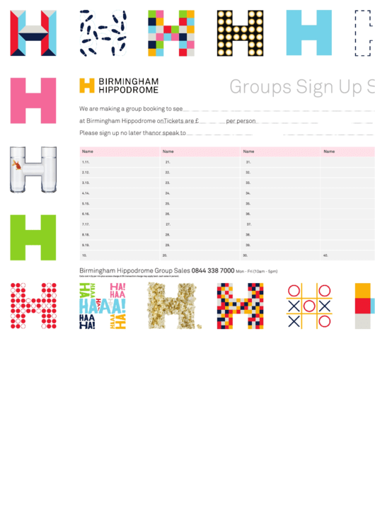 Groups Sign Up Sheet For Brimingham Hippodrome Printable pdf