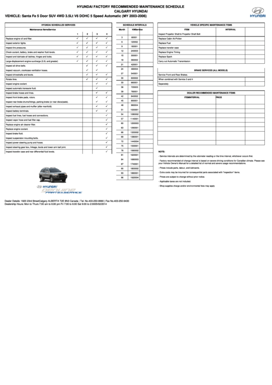 Hyundai Factory Recommended Maintenance Schedule - Santa Fe 5 Printable pdf