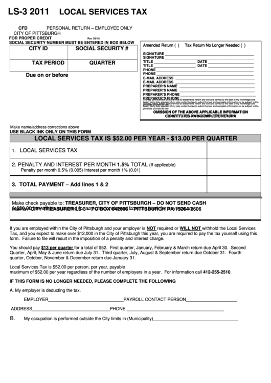 Form Ls-3 - Local Services Tax Personal Return - 2011 Printable pdf