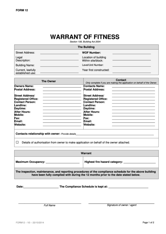 Form 12 - Warrant Of Fitness