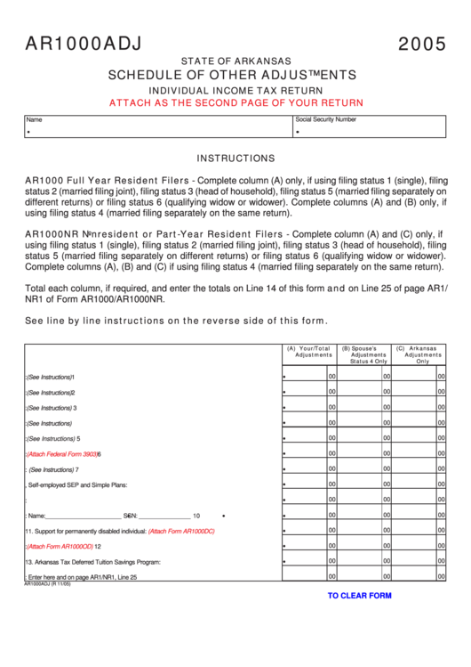 Fillable Form Ar1000adj - Schedule Of Other Adjustments - 2005 Printable pdf