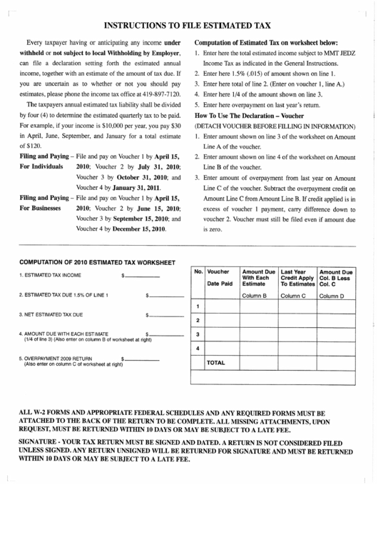 Computation Of 2010 Estimated Tax Worksheet Printable pdf