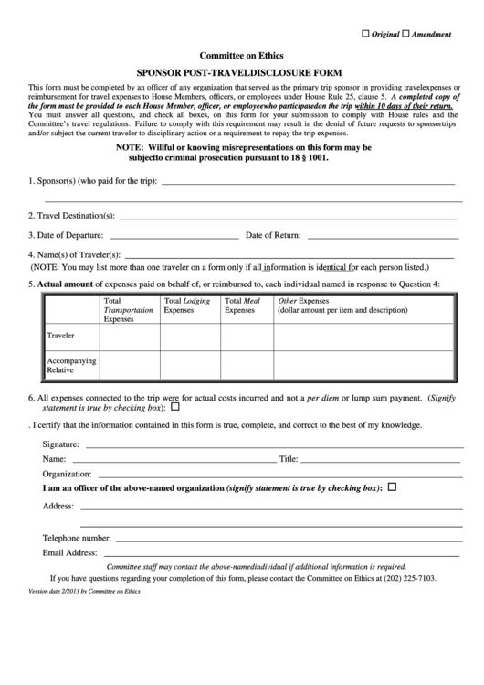 Fillable Sponsor Post-Travel Disclosure Form - U.s. House Of Representatives Committee On Ethics Printable pdf