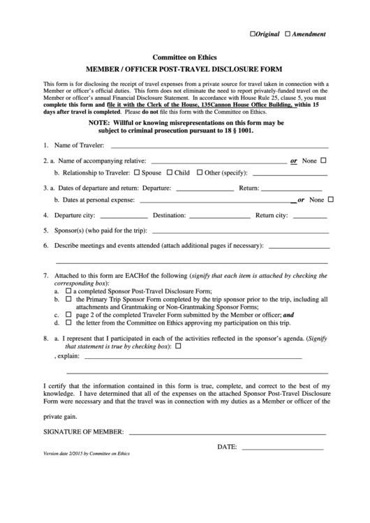 Fillable Member/officer Post-Travel Disclosure Form - U.s. House Of Representatives Committee On Ethics Printable pdf