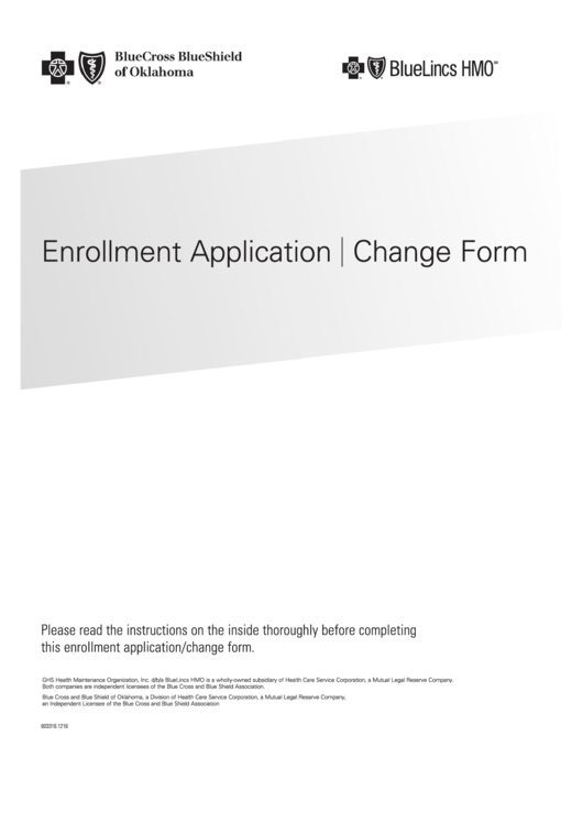 Fillable Enrollment Application/ Change Form - Blue Cross Blue Shield Of Oklahoma Printable pdf