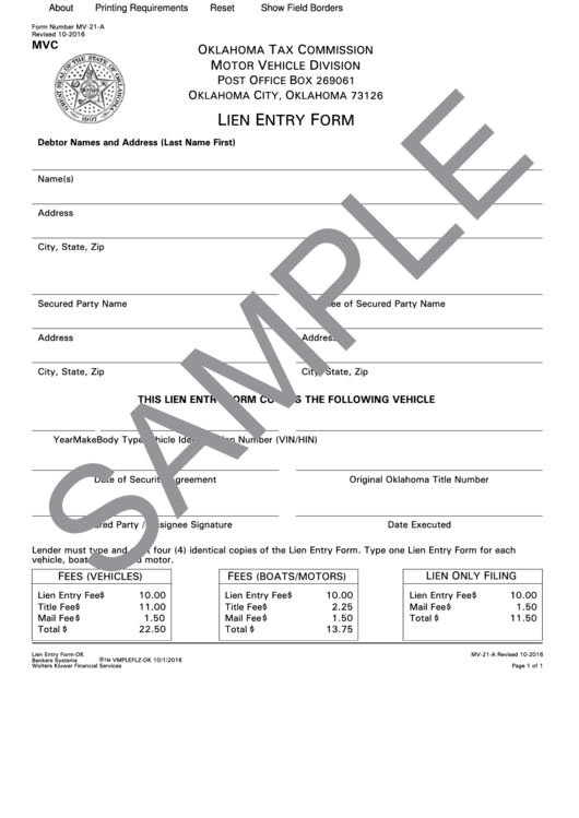 Fillable Form Mv-21-A - Lien Entry Form - Sample Printable pdf