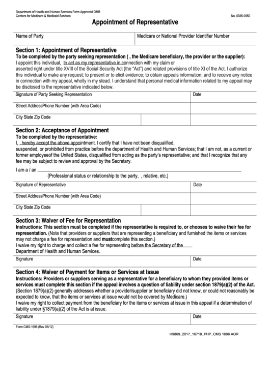 Fillable Form Cms-1696 - Appointment Of Representative Printable pdf