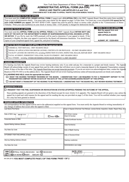 Fillable Form Aa 33a Administrative Appeal Form Printable Pdf Download